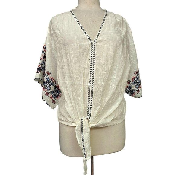 Max Studio Embroidered Tie Front Peasant Blouse Hippie Boho Top Sz Large NEW - Picture 1 of 5